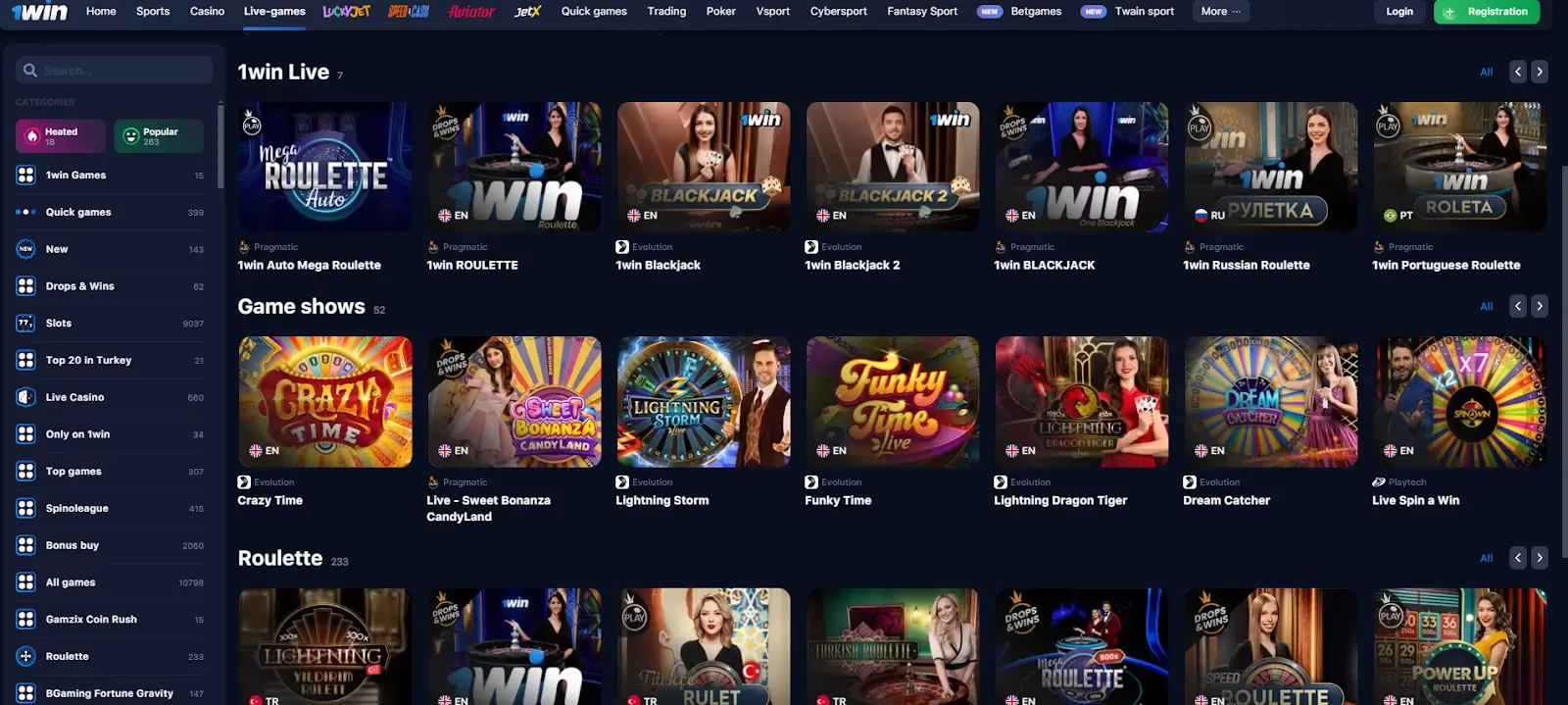 1win لائیو گیمز