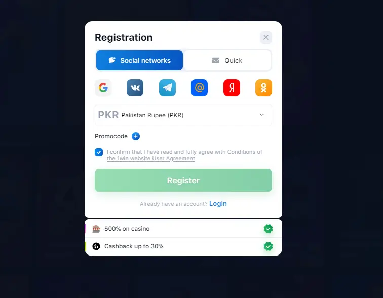 1win سوشل نیٹ ورکس کے ذریعے رجسٹریشن